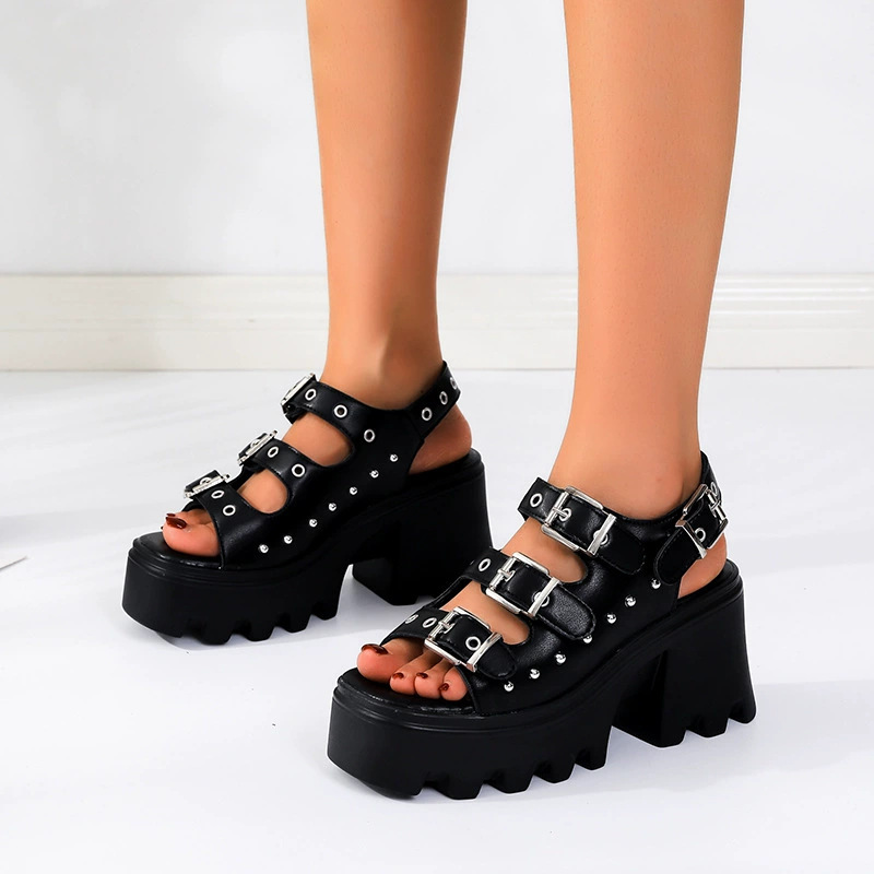 Foreign Trade Large Size Metal Open-Toe Roman Sandals for Women, Aliexpress Platform, Platform Sole with Rivets, Unique Women's Wedge Sandals with Thick Heels