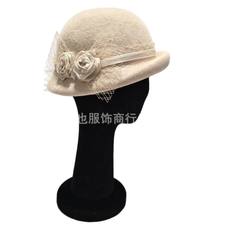 奢华品质真丝麻花朵网纱羊毛盆帽赫本风卷边羊毛礼帽千金风蓓蕾帽|undefined