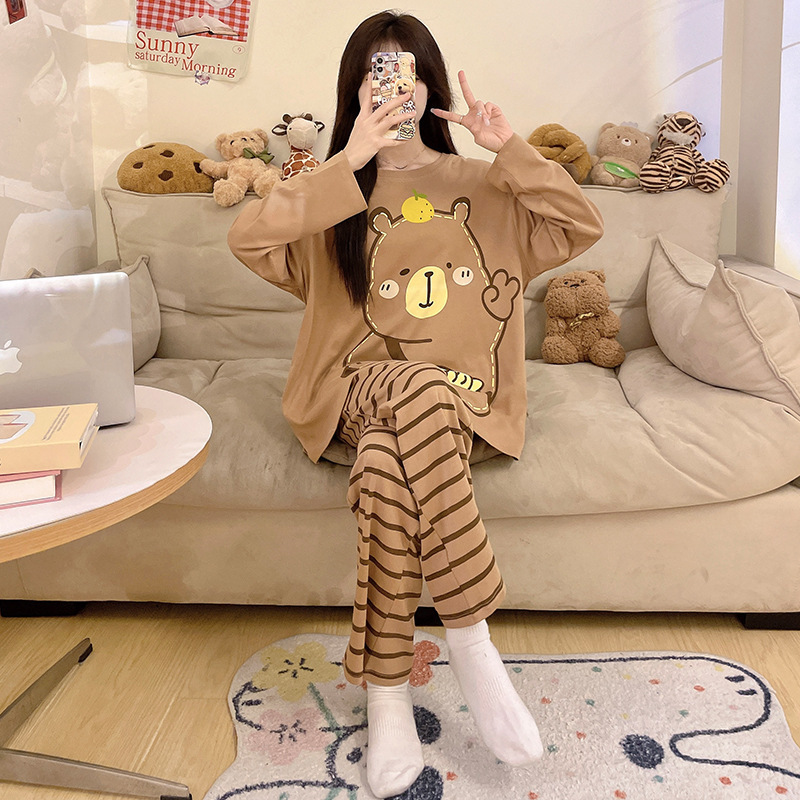 Spring and Autumn Plus-Size Pajamas for Women, Smiley Face, Comfortable Long-Sleeve, Suitable for Wearing Outside, Home Wear Set, Wholesale