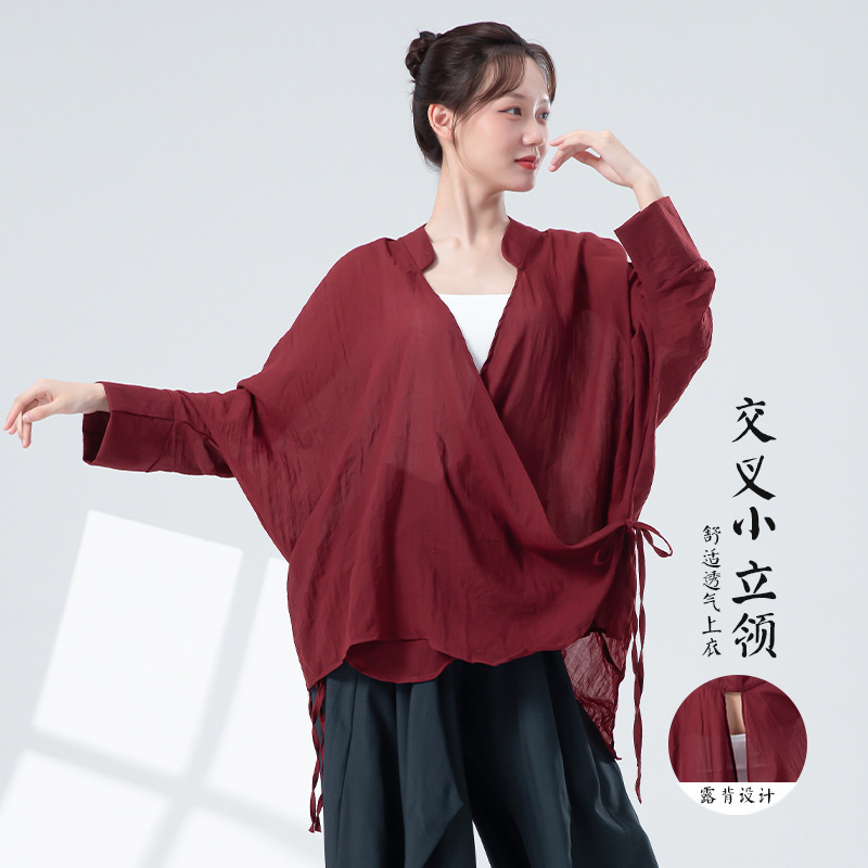 中国禅意风新中式宽松大舞蹈服女交叉小立领露背上衣古典舞练功服|undefined