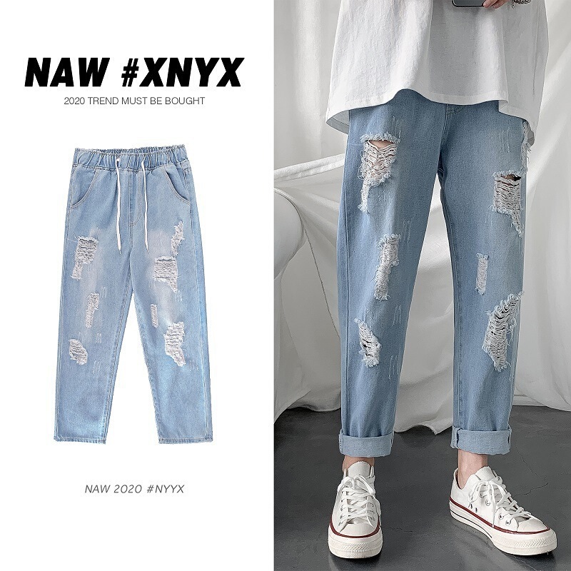 Hong Kong Style Summer Cropped Jeans for Men, Personalized Distressed Loose Korean Style Ripped Student Summer Elastic Waist Distressed Pants Hong Kong Style Summer Cropped Jeans for Men, Personalized Distressed Loose Korean Style Ripped Student Summer Elastic Waist Distressed Pants
