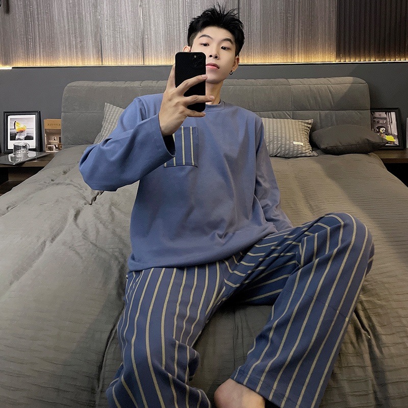 남성 봄, 가을 잠옷 새로운 긴팔 바지 정장 고가 캐주얼 스포츠 대형 사이즈는 집 밖에서도 입을 수 있습니다