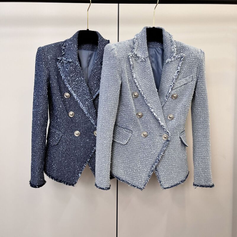 Wool plucking craft double-breasted tweed suit coat women's temperament modern age-reducing jacket casual lapel small suit