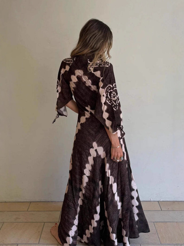 European and American Cross-Border Women's Bohemian Drifter Hyacinth Floor-Length Dress Button Collar Mid-Length Sleeve Dress