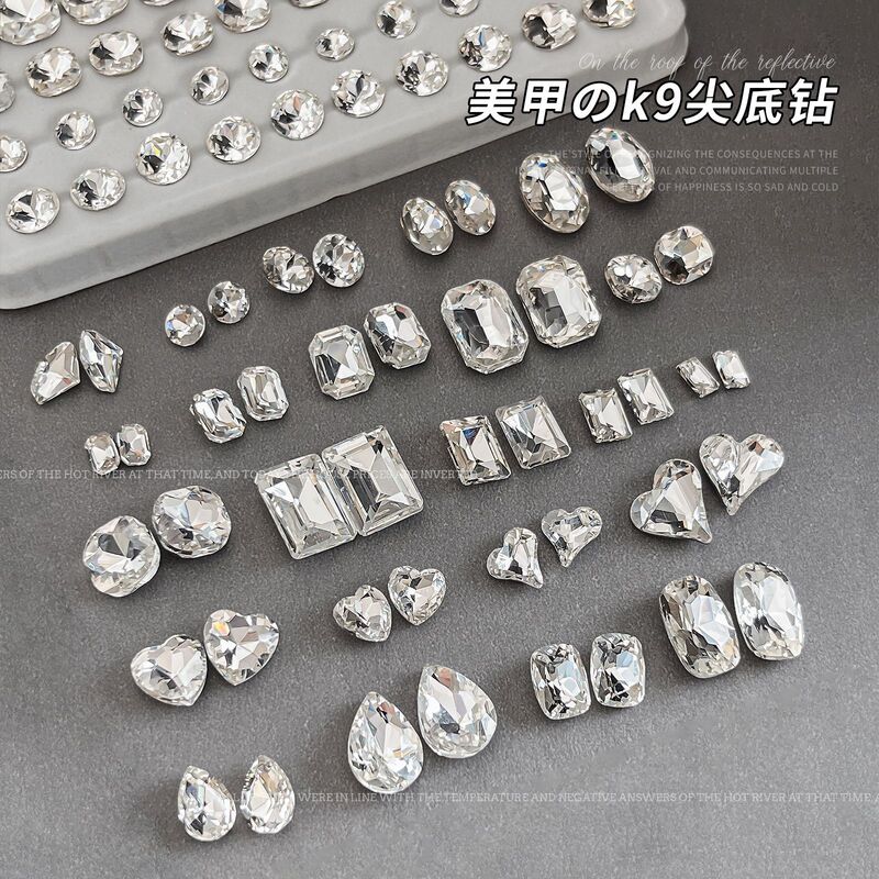 High product K9 transparent white nail art jewelry flash pointed bottom drill oval long right angle special-shaped drill pile drill nail accessories wholesale