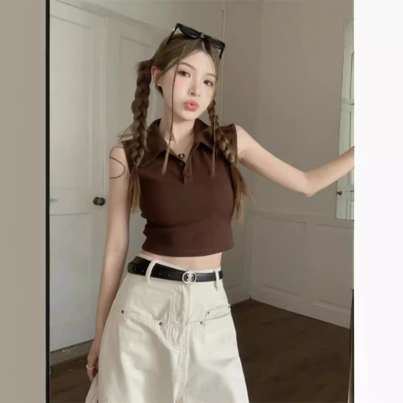 Summer brown Polo Collar Sleeveless T-shirt Women's Design Niche Spice Girls Slim-fit Slimming Navel Short Top for Outer Wear