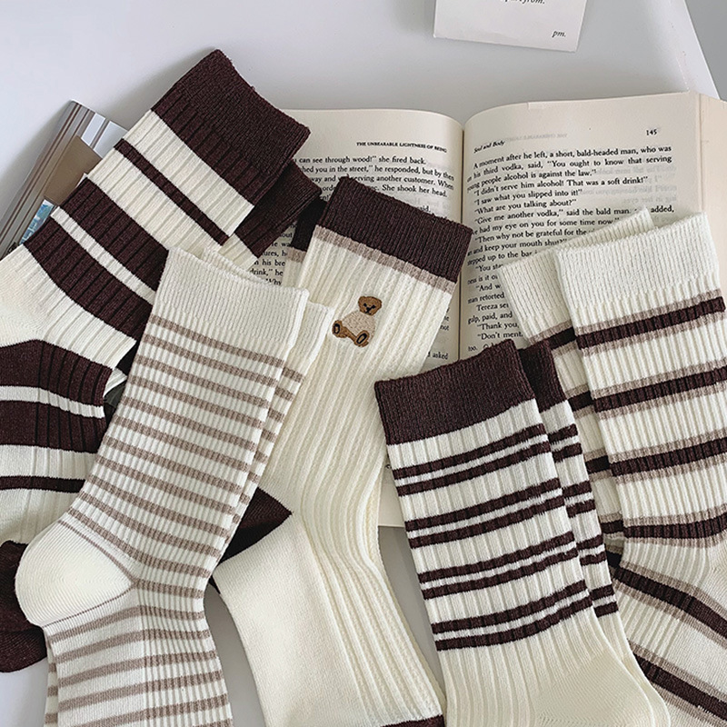 Autumn and Winter Socks Women's Ins Trendy Socks Nautica Style Coffee Bear Jacquard Mid-Calf Socks Korean Jk Socks Wholesale Sports Socks