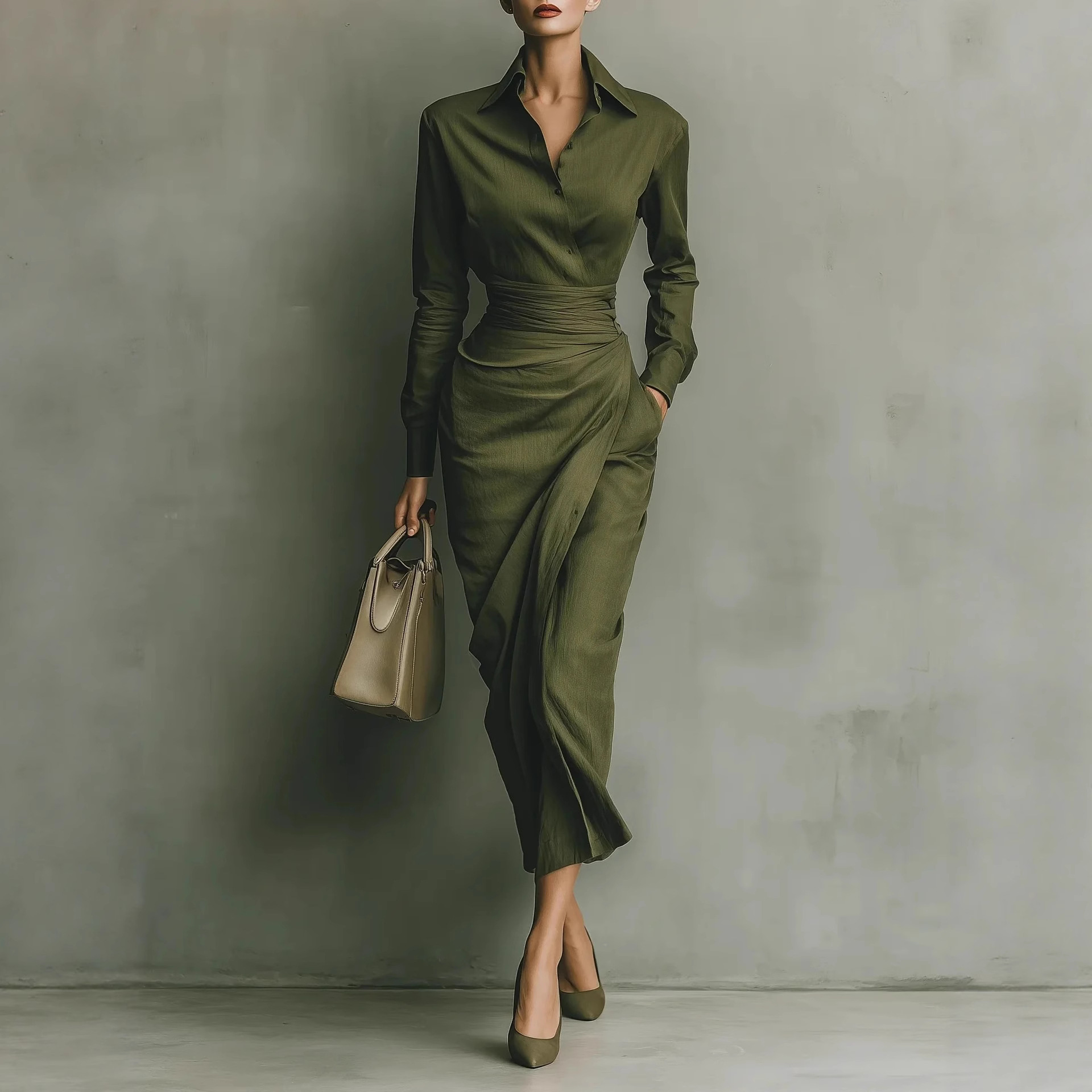 2025 European and American Fashion Amazon Independent Site Long Dress Shirt Collar Long Sleeve Pocket Solid Color Dress