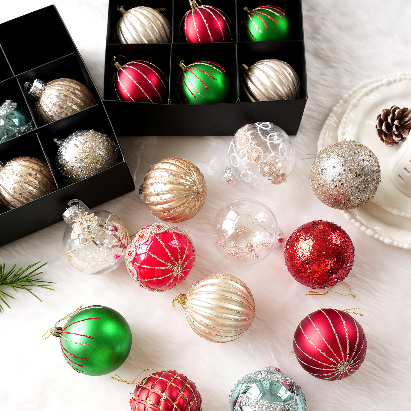Nuevo producto 8CM pintado polvo adhesivo colorido bola de Navidad colgante bola set caja de decoración de Navidad colgante árbol de Navidad
