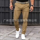 新款欧美跨境独立站男纯色紧身插口袋订鸡眼休闲修身小脚长裤5741，男装休闲裤，星座1217-1