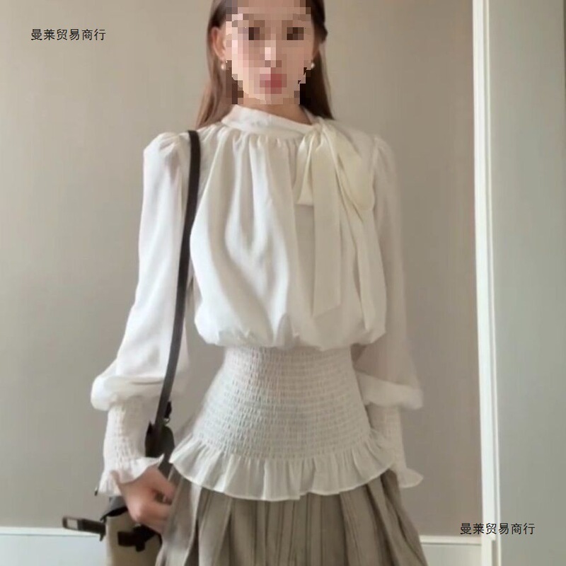 French-Style Bow-Tie Collared Long-Sleeved Shirt for Women, Early Spring Waist-Cinching Slimming Shirt with a Sweet Vibe