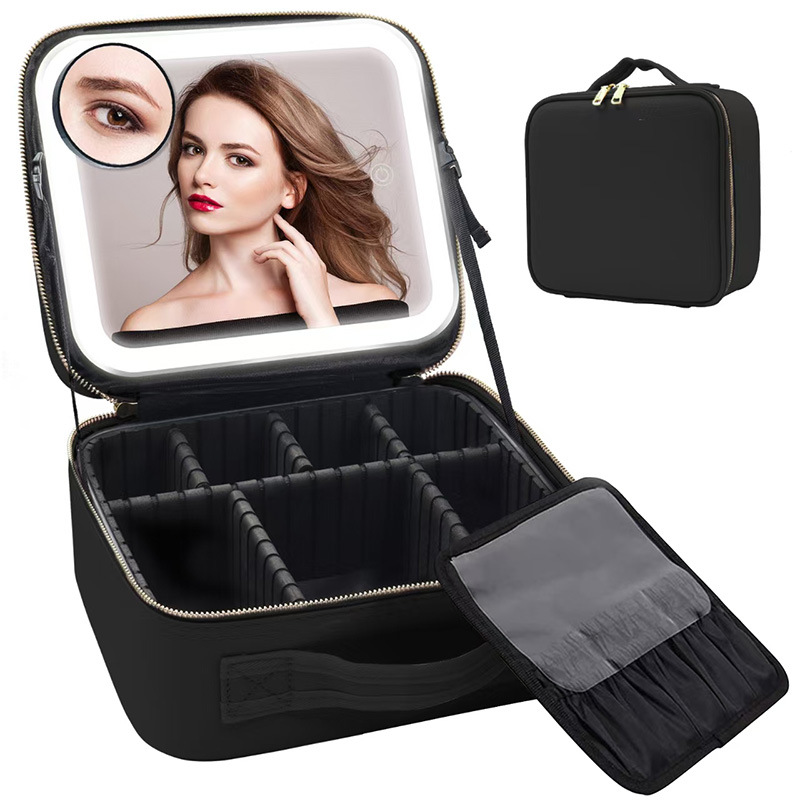 Nuevo bolso de maquillaje profesional portátil de gran capacidad con bolsa de cosméticos de PU ligera 4K superficie de vidrio HD personalizado al por mayor