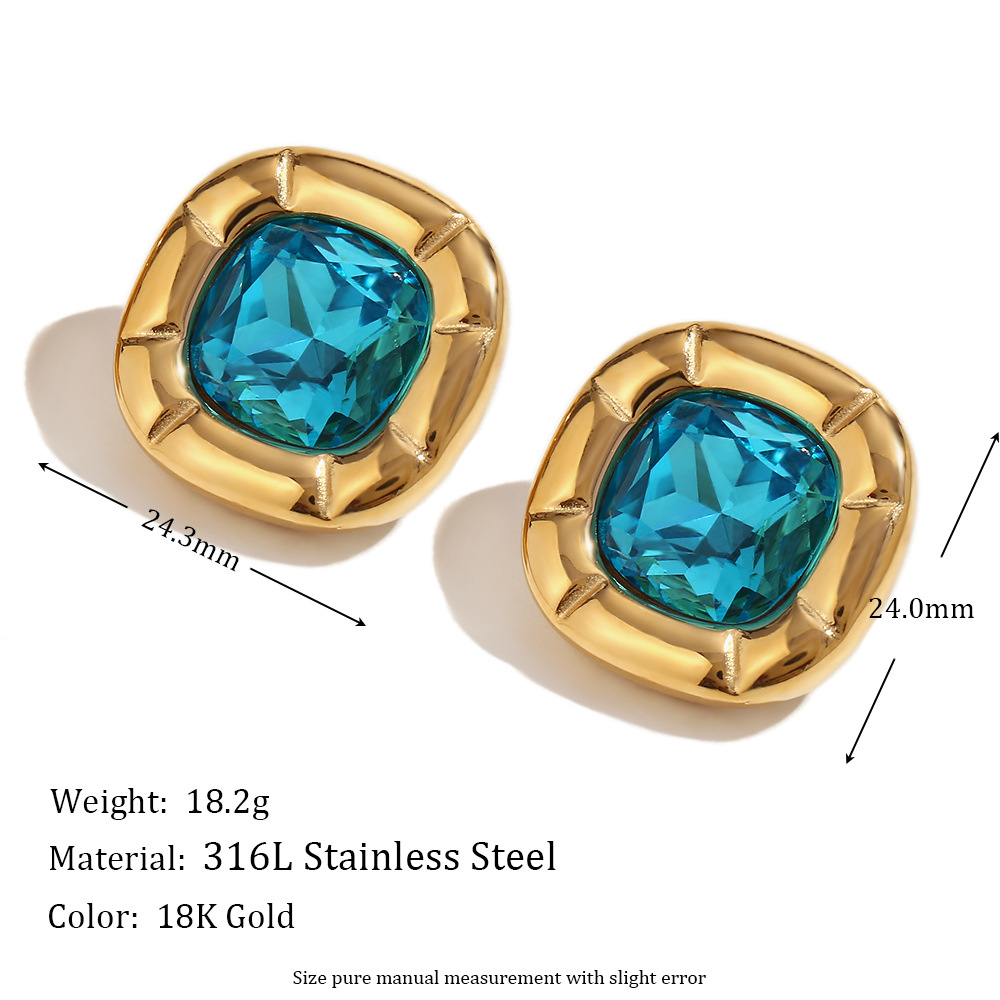Mode retro nische ring frauen edelstahl K gold überzogene abgerundete ecke platz blume zirkon stud ohrringe halskette_voghion.com