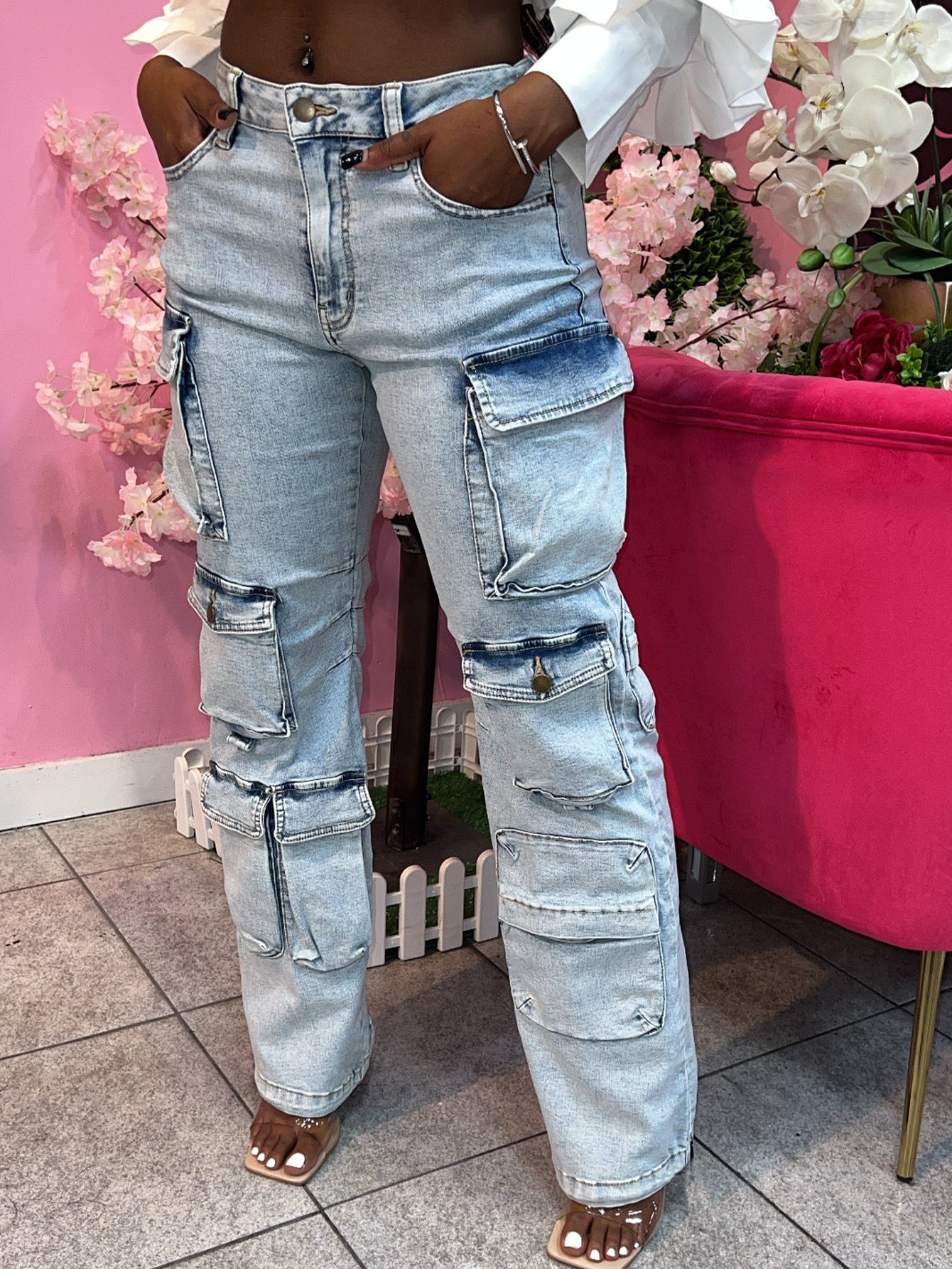 Women’s High-Waisted Distressed Cargo Jeans – Stretch Denim Pants With Utility Pockets (S-XL, Light Blue)_mkmklike.com