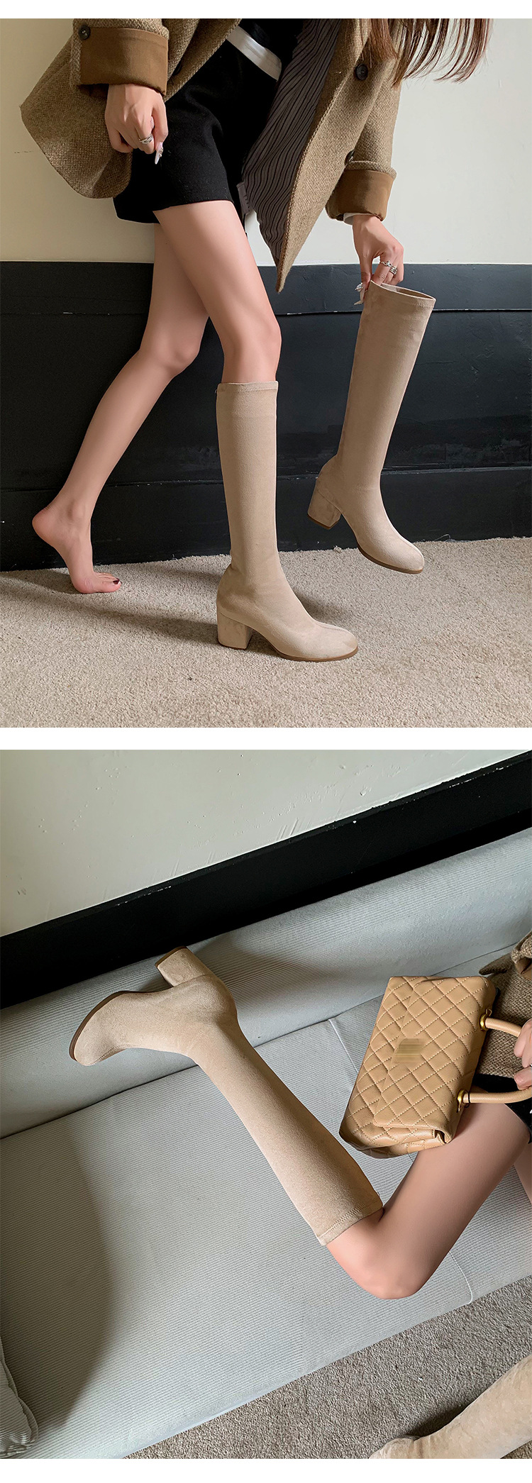 Boot nữ cổ cao ôm bắp chân mũi tròn gót vuông đế dày da lộn — Lớp lót đơn trên đầu gối màu kaki chi tiết 20