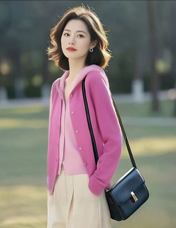 假两件拼接针织衫女装秋季粉色连帽开衫毛衣2025新款洋气长袖上衣|undefined