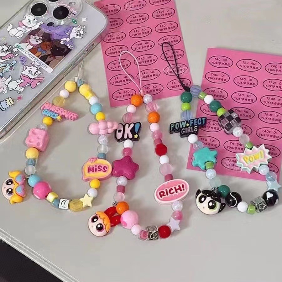 Powerpuff policewoman mobile phone chain wrist chain bead chain pendant camera lanyard cartoon chain short pendant ins