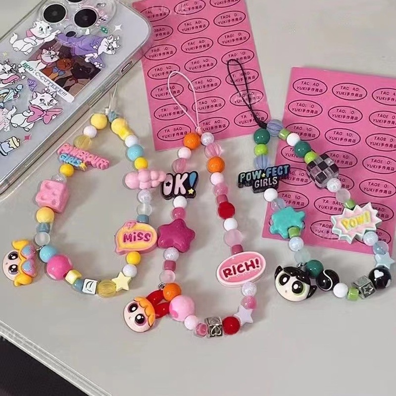 Powerpuff policewoman mobile phone chain wrist chain bead chain pendant camera lanyard cartoon chain short pendant ins Powerpuff policewoman mobile phone chain wrist chain bead chain pendant camera lanyard cartoon chain short pendant ins