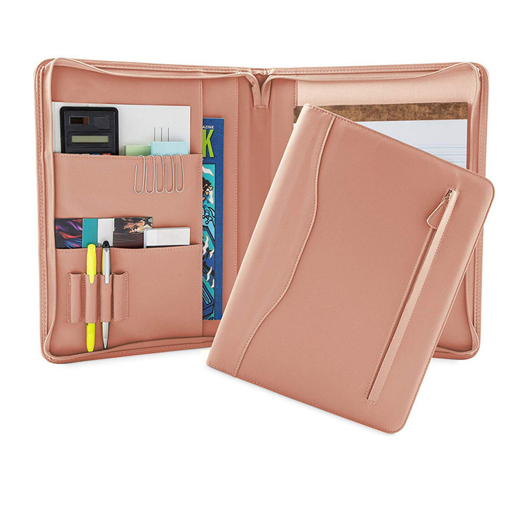 Pink PU zipper folder A4 multi-function file package business meeting manager folder can be installed tablet