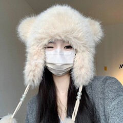 冬季护耳双层加厚毛绒雷锋帽子女可爱耳朵保暖护耳套头冷帽