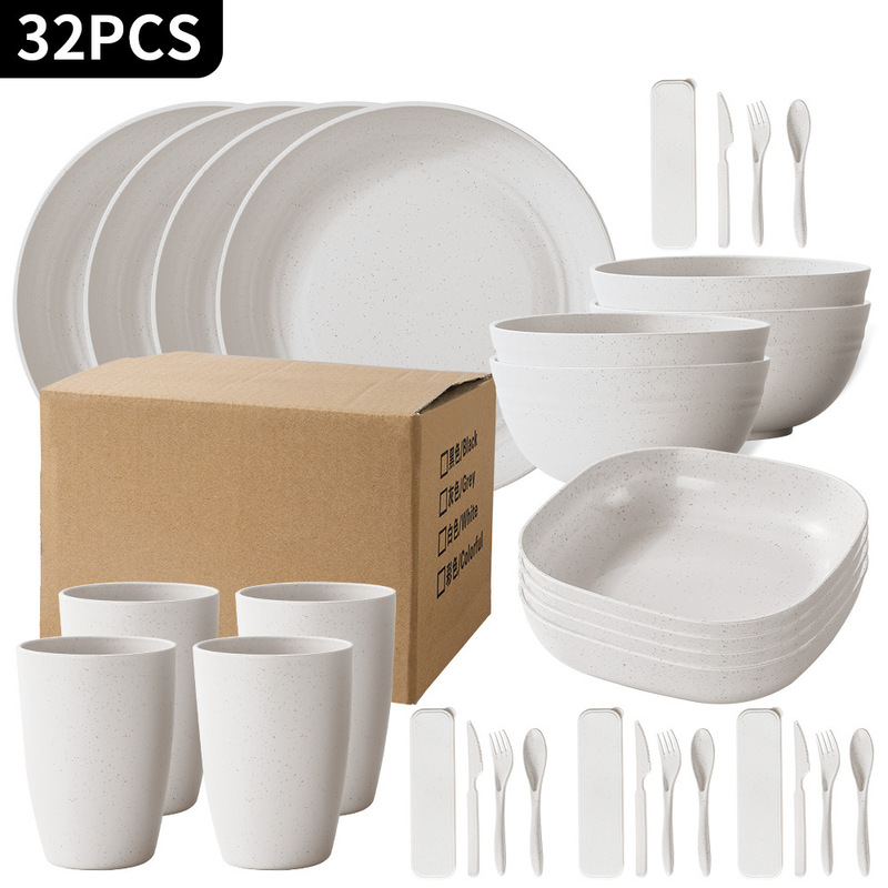 Cross-Border Temu Water Cup, Plate, Bowl and Tableware Set Black Plastic Knife, Fork, Spoon, Dish and Plate 32-Piece Home Set
