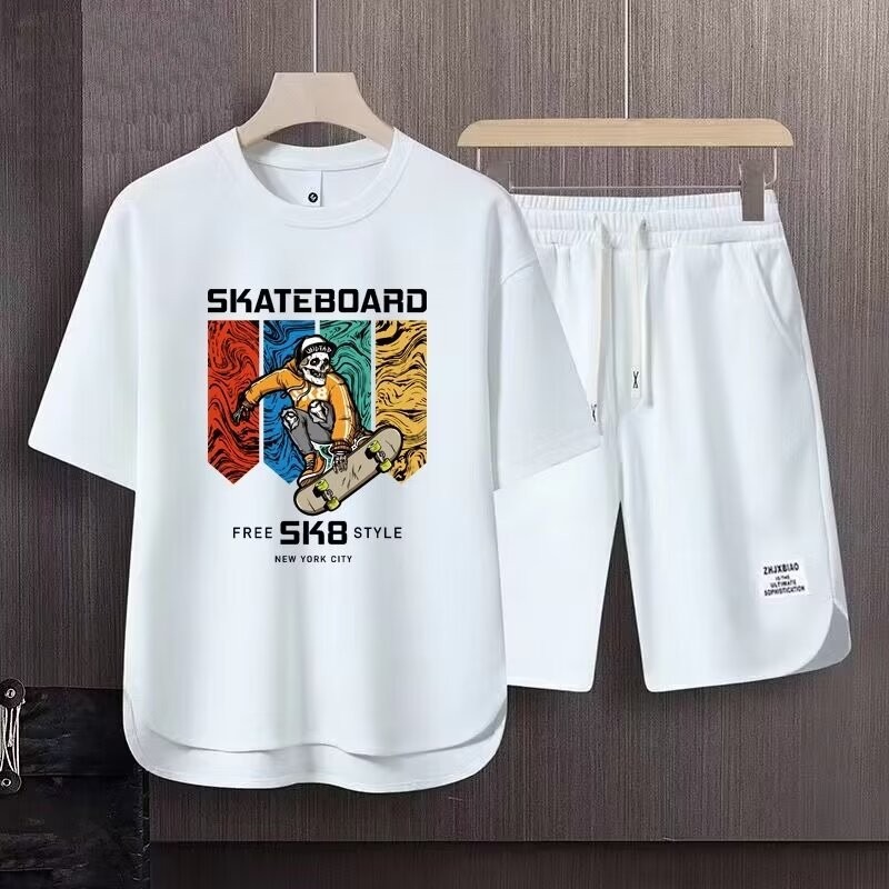 Men's Clothing 2024 Waffle Casual Summer Suit Men's Loose Teen Short sleeved T shirt Shorts Handsome Two piece Suit_desvips.com
