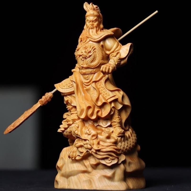 クスノキの木彫り、龍関公、富の神、関羽、関二、ホームオフィスの装飾品、無垢材の彫刻工芸品|undefined