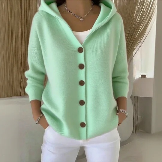 2025 Europa y los Estados Unidos botones de punto con capuchón suéter cardigan nuevo otoño y invierno transfronterizo de color sólido casual moda de mujer