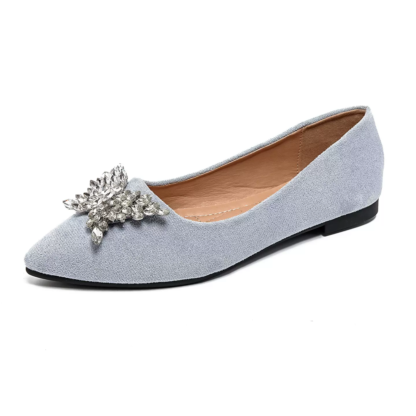 2025法式绒面单鞋春秋新款女鞋浅口尖头水钻浅口鞋平底鞋女雪花扣