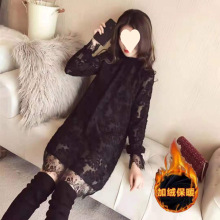 中长款蕾丝加厚T恤打底衫女春秋新款韩版宽松显瘦雪纺连衣裙上衣