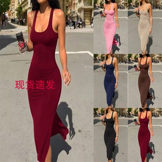 跨境欧美女装夏季性感辣妹修身连衣裙 显廋U领纯色漏背开叉吊带裙