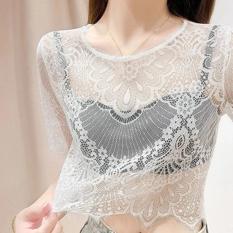 Lace Short-Sleeve T-Shirt for Women, Summer Camisole Dress Inner Layer, New Hollow-Out Short Top, Elegant Slim-Fit Cover-Up Lace Short-Sleeve T-Shirt for Women, Summer Camisole Dress Inner Layer, New Hollow-Out Short Top, Elegant Slim-Fit Cover-Up
