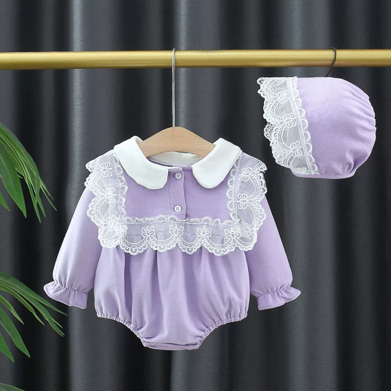Осенние хлопковые костюмчики для девочки, кружевнойbodysuit, воротник кружево, платье вязанное, (партнерская торговля)