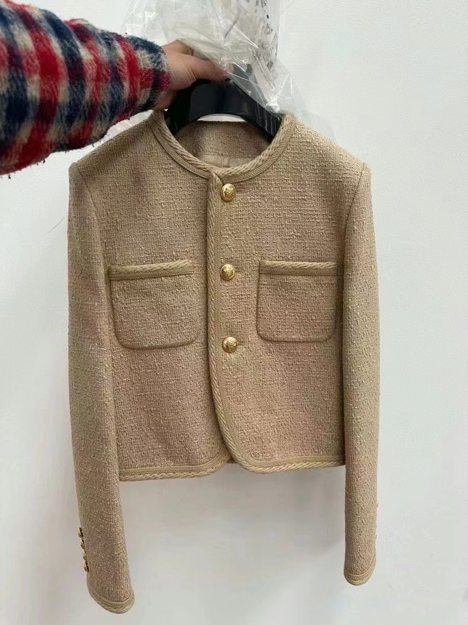 European Station New Metal Buckle Jacket Round Neck Double Flap Pocket Pants Small Fragrant Tweed Khaki Short Jacket for Women