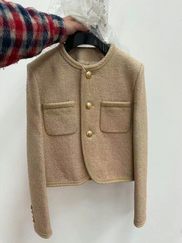 European Station New Metal Buckle Jacket Round Neck Double Flap Pocket Pants Small Fragrant Tweed Khaki Short Jacket for Women