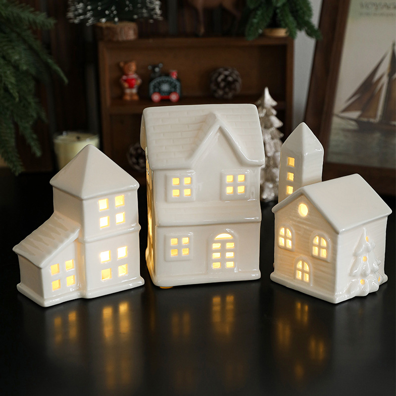 Cerámica transfronteriza de navidad con lámparas decoraciones de la casa pequeña nórdica casas de luces navideñas decoraciones navideñas