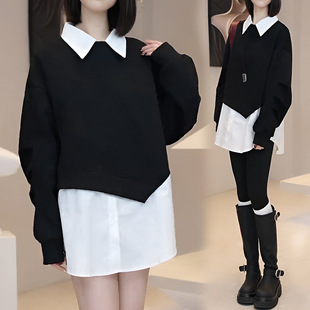 Official figure plus size 2025 spring and autumn foreign style unique chic fake two-piece shirt chubby girl slim meat-covered shirt