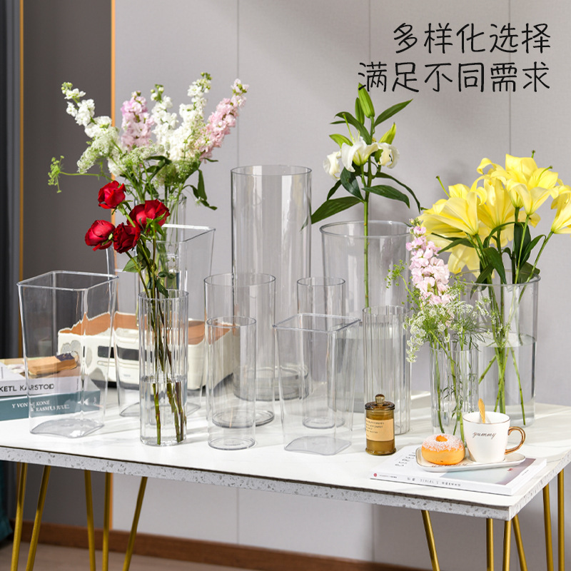 Jarrón de flores de plástico de sensación medieval de alta gama - Múltiples tamaños, alta transparencia, cubo despertador de flores, a prueba de caídas, imitación de vidrio, cubo para floristería/flores frescas