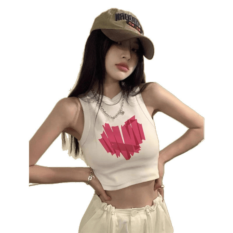 2024 新しい夏のノースリーブレタープリント白底キャミソール女性のためのショートホットガールトップ|undefined