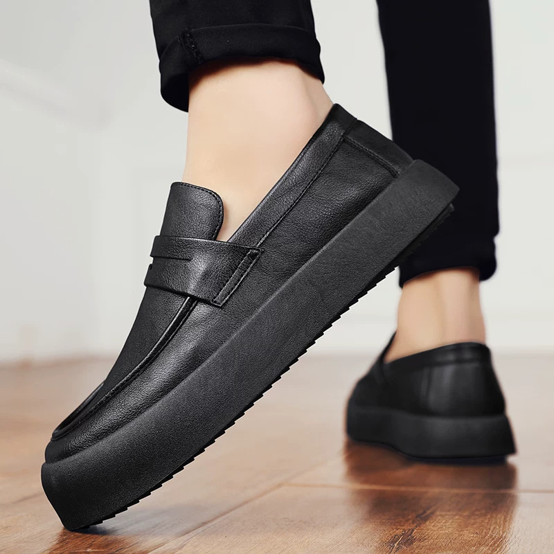 Men's Summer Business Formal Shoes, British Style Slip-On Loafers, Black Thick-Soled Versatile Casual Work Leather Shoes