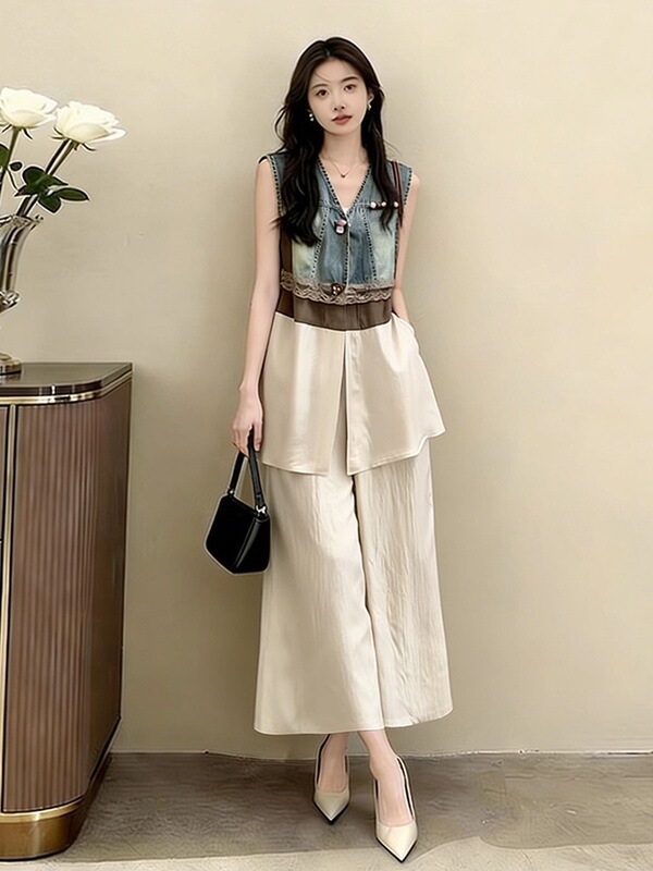 Jinbukang Unique Design Denim Patchwork Vest Set for Women, Summer 2026 New Style, Very Stylish Wide-Leg Pants Jinbukang Unique Design Denim Patchwork Vest Set for Women, Summer 2026 New Style, Very Stylish Wide-Leg Pants