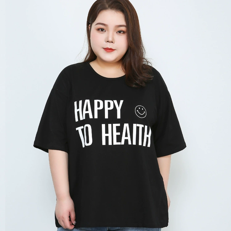 300 кг Плюс Размер Женская хлопковая футболка с коротким рукавом и принтом для полных девочек Базовая рубашка с короткими рукавами Толстая куртка черная 200 кг
