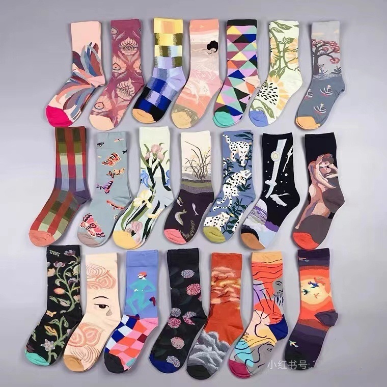 French Bm Oil Painting Socks for Women Retro Abstract Literary Style Mid-Tube Cotton Socks Jacquard Personalized Trendy Socks Niche Accessible Luxury