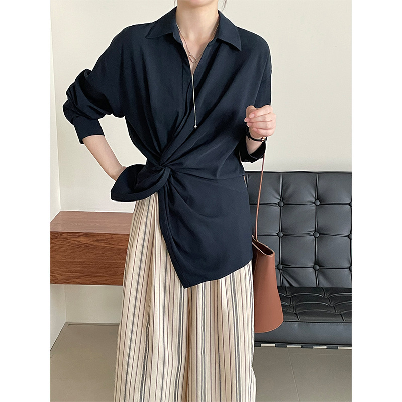 Aokawa Design Sense Waist Kink Adjustable Shirt Women's French Style Chic Irregular Long Sleeve 2589 Shirt