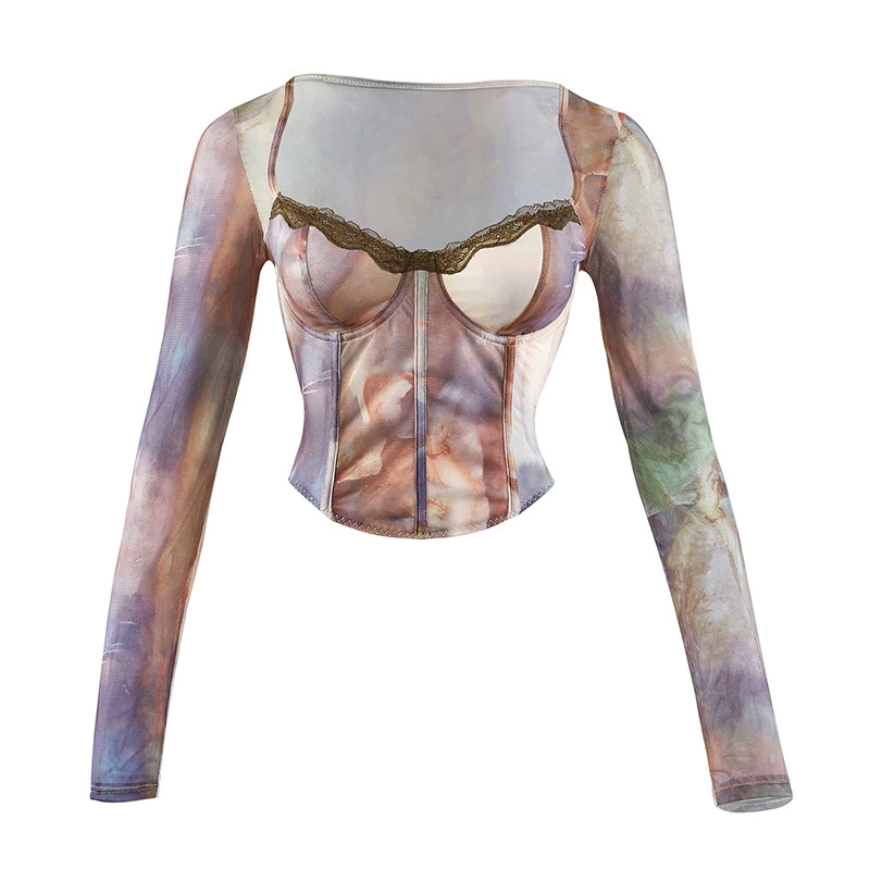 Трансграничный ретро-стиль сетчатая ткань с принтом кружева с длинными рукавами стальное кольцо с длинным рукавом