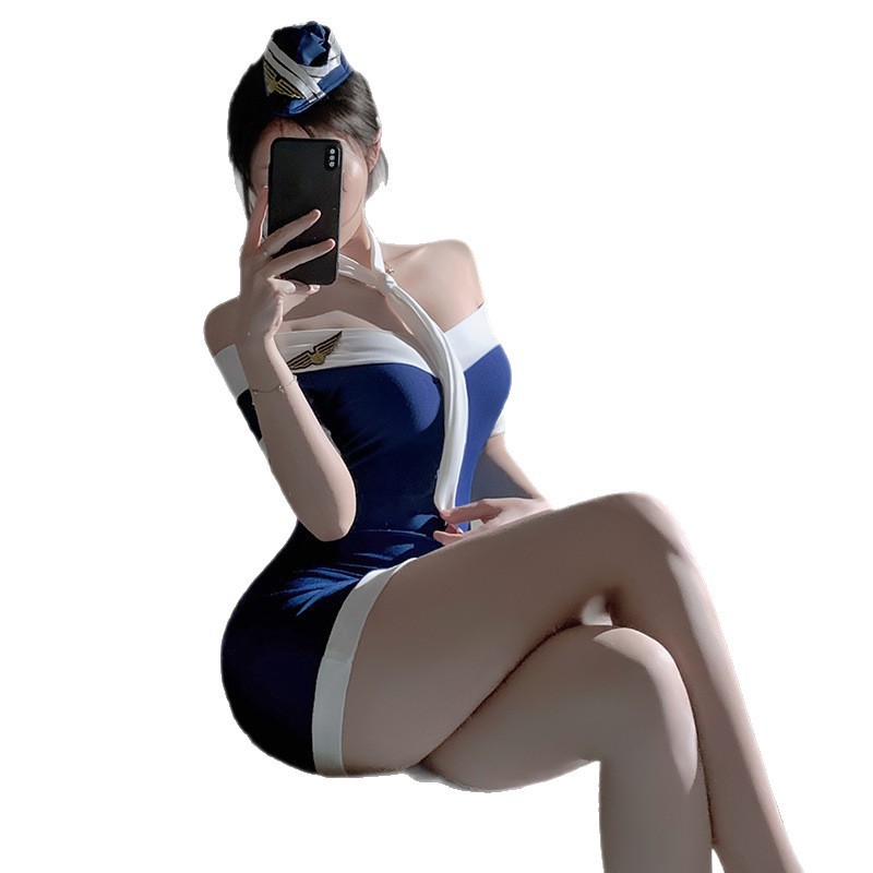 Fei Mu puro y romántico traje de azafata uniforme tentación sexy puro bolso sin hombros falda de cadera lencería sexy 7048