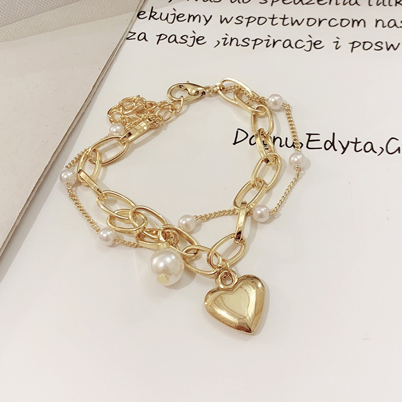 Cross-border personality fashion chain love Pearl double-layer bracelet female Japanese and Korean temperament peach heart pendant bracelet jewelry