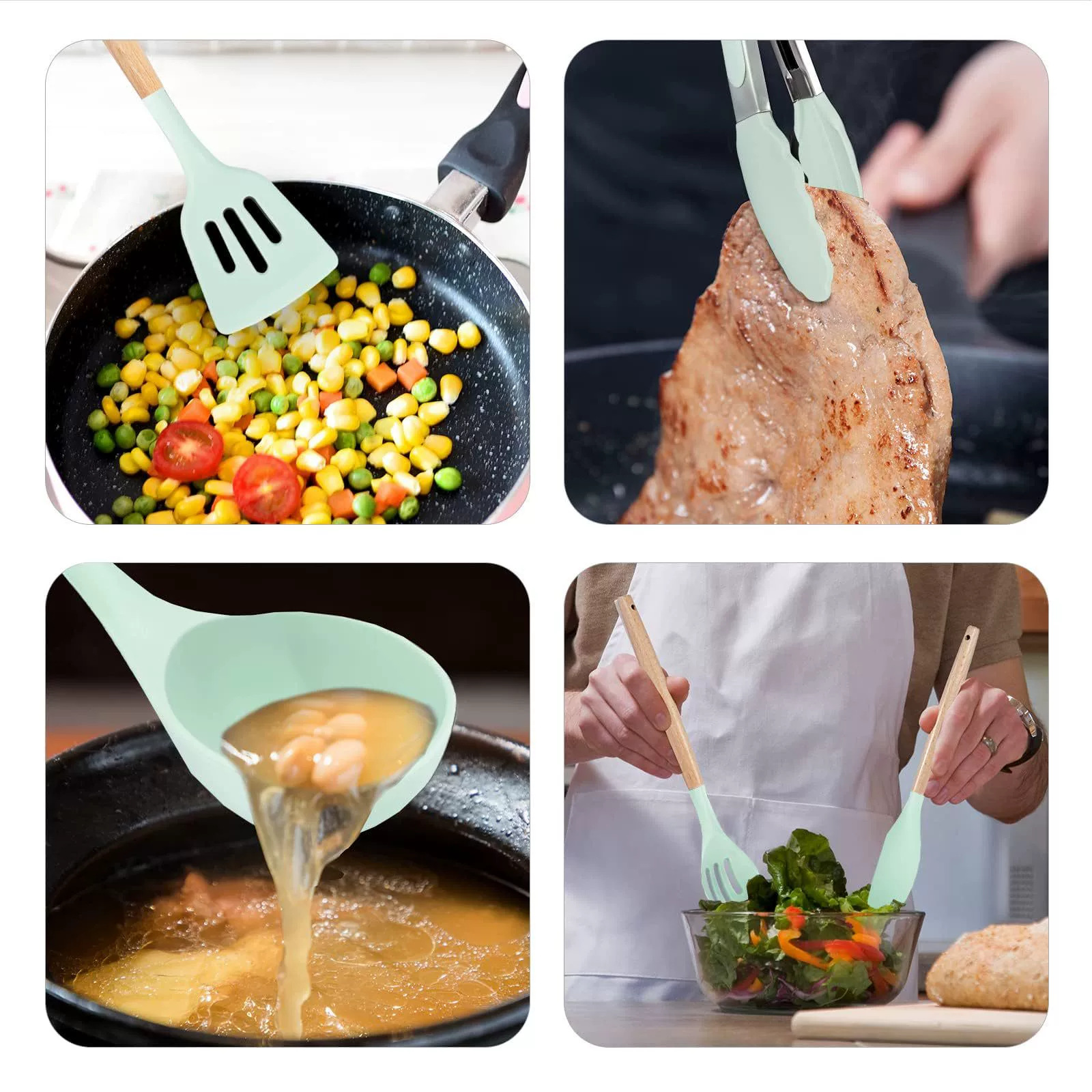 Venta caliente de mango de madera 19 piezas de cocina de silicona cocinero cocinero suministros de cocina cuchillo de cocina set de cuchillos en stock 1700g