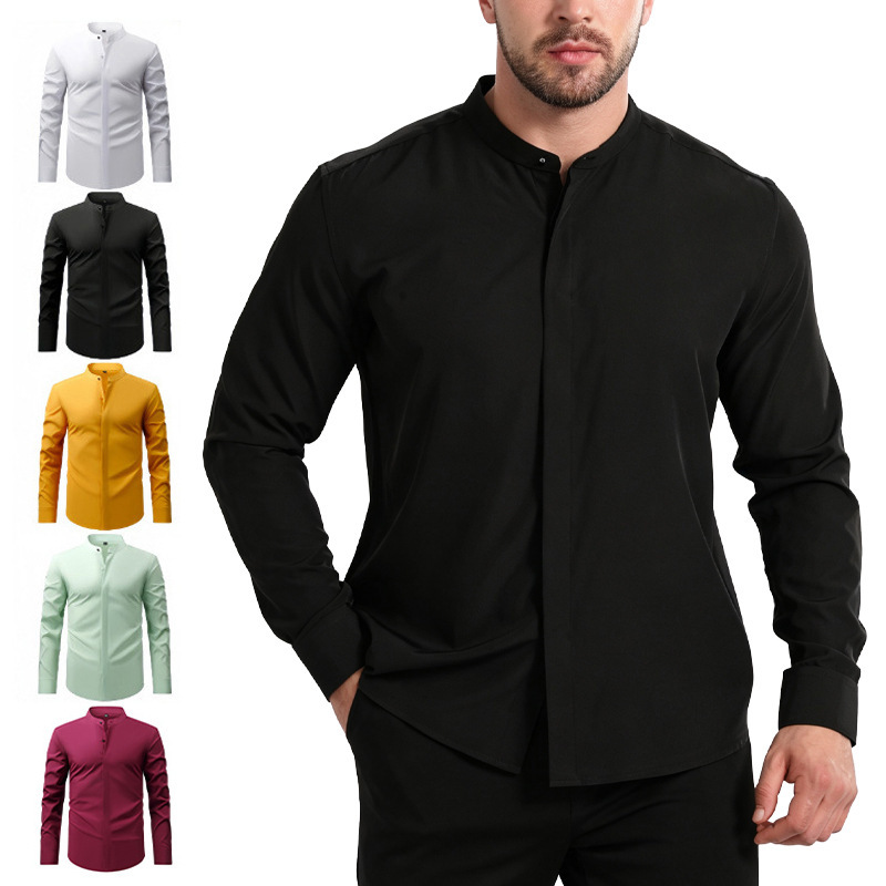 Men's Retro Collar Long Sleeve Shirt Elastic Spring and Autumn Business Casual Cross-border Hot Foreign Trade Shirt New Top Men's Retro Collar Long Sleeve Shirt Elastic Spring and Autumn Business Casual Cross-border Hot Foreign Trade Shirt New Top