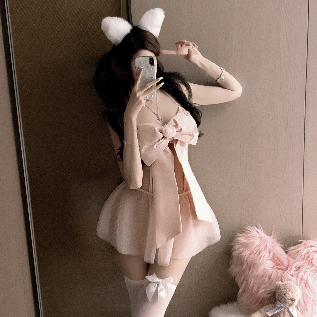 [넥링+점프수트+거즈스커트] 리본 화이트 스타킹